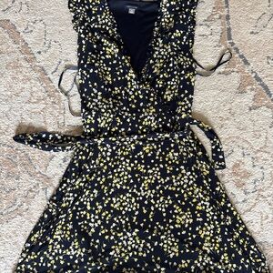 Women’s Navy Floral Wrap Dress with Yellow & White Print